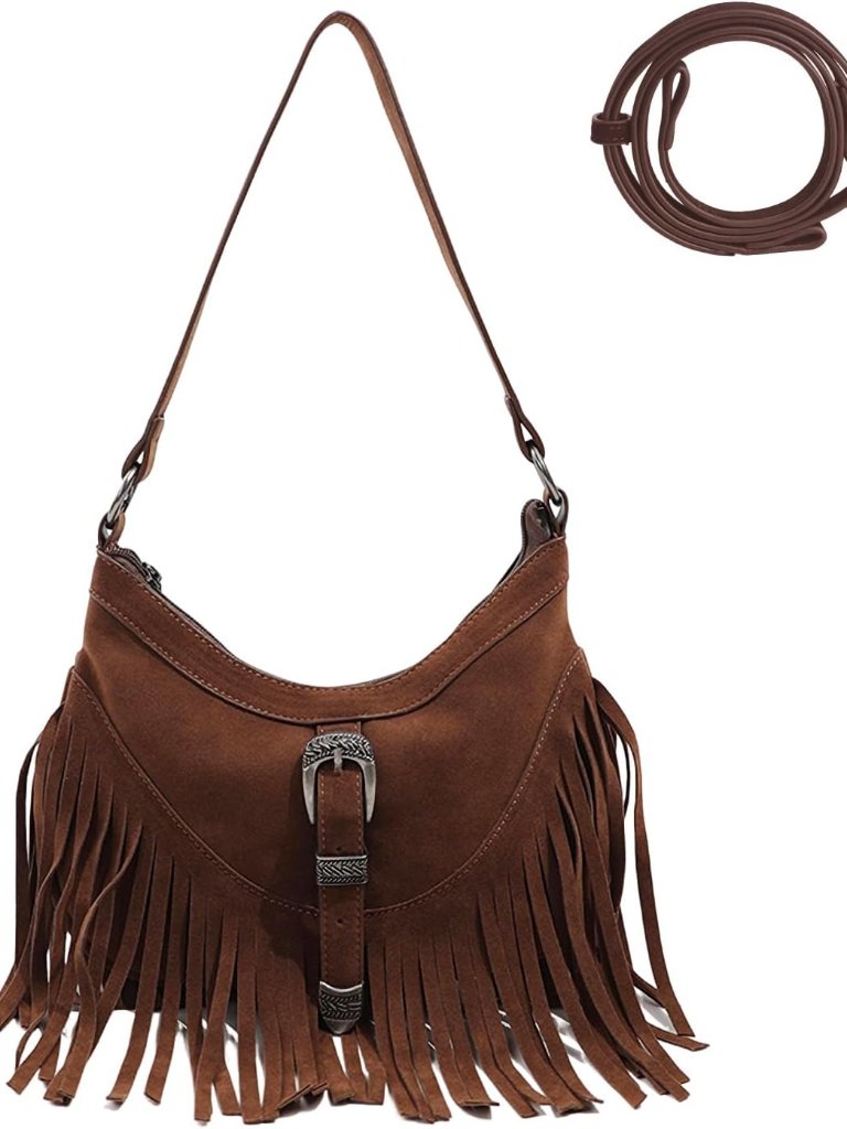 Fringe Hobo Purse For Women,Western Small Fringed Shoulder Bag Vegan Suede Hippi